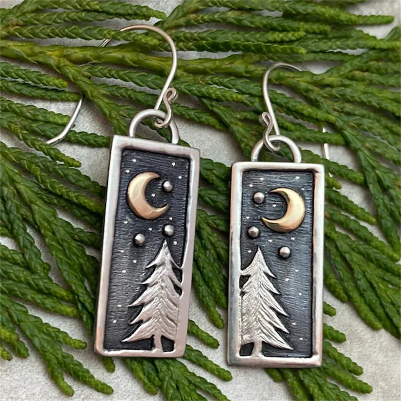 

Sweet and Romantic Style Pine Tree Moon Star Geometric Square Pendant Earrings Fresh Women's Metal Earrings Party Gift Jewelry