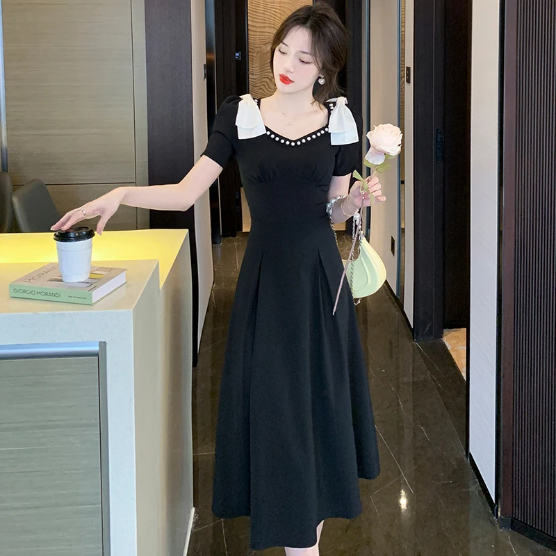 2024 Черное шикарное сексуальное платье миди Y2k с бантом весна-лето элегантное