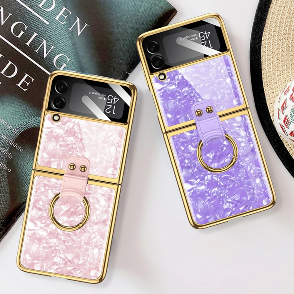 

Luxury Flip Phone Case for Samsung Galaxy Z Flip3 with Ring Holder Anti-drop Electroplated Cases for ZFlip 3 Fashion Accessories