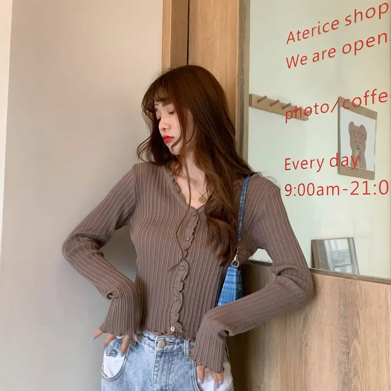 Кардиган женский трикотажный в рубчик элегантная повседневная Милая Модная