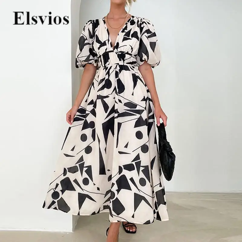 

Elegant Sexy V Neck Women Party Dresses Fashion Print Puff Short Sleeve Boho Dress Casual Beach Loose Hem Slim Waist Long Dress