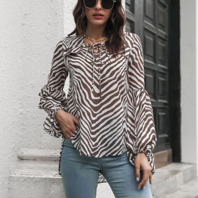 

Casual Long Sleeve Blouse Spring and Summer Loose Chiffon Shirt Fashion Zebra-stripe Lantern Sleeve V-neck Lace-up Clothes 25824