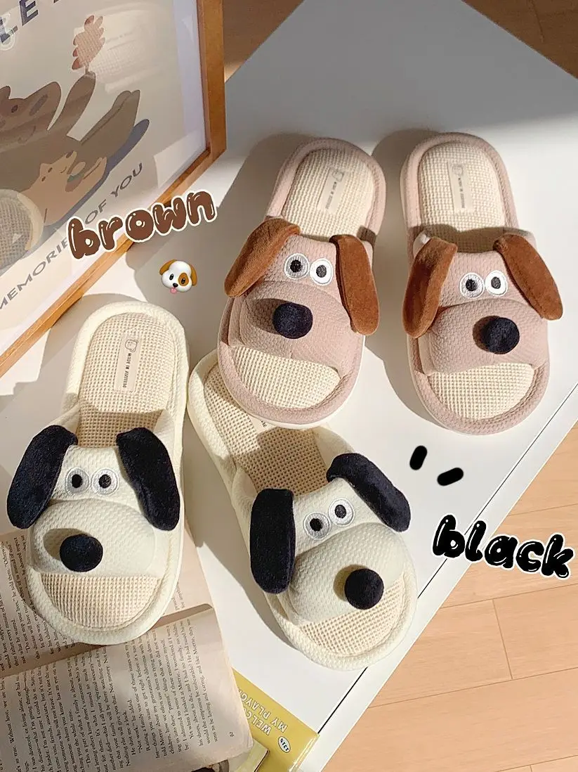 Anti Odor Funny Puppy Slippers Women's Summer Indoor Shoes Girls Cotton Linen Slides Hemp Shoes Women House Mules Slippers Ears