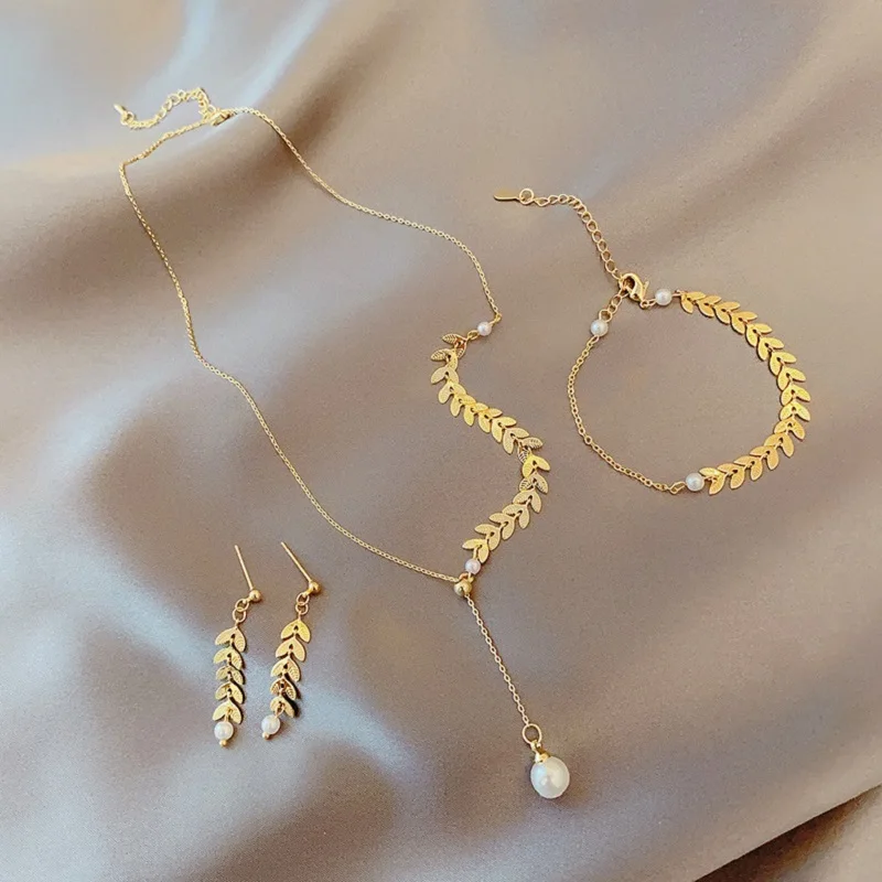 

SOGU 2022 Summer New Fashion Exquisite Unique Olive Leaf Design Gold Color 3PCS Sets for Trend Women Lovely Jewelry Gift