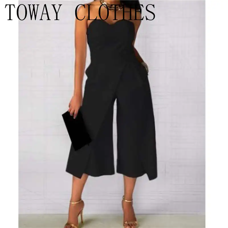 

Women Straight Across Bandeau Slit Leg Sleeveless Jumpsuit Chic Plain Rompers