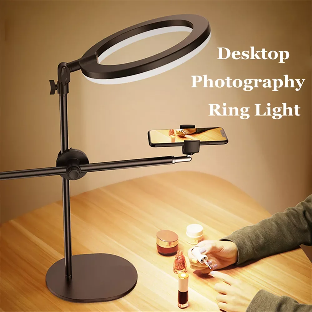 

Desktop Photography LED Ring Light with Tripod Stand Phone Holder Ring Lamp for Photo Studio Nail Art Video Ringlight