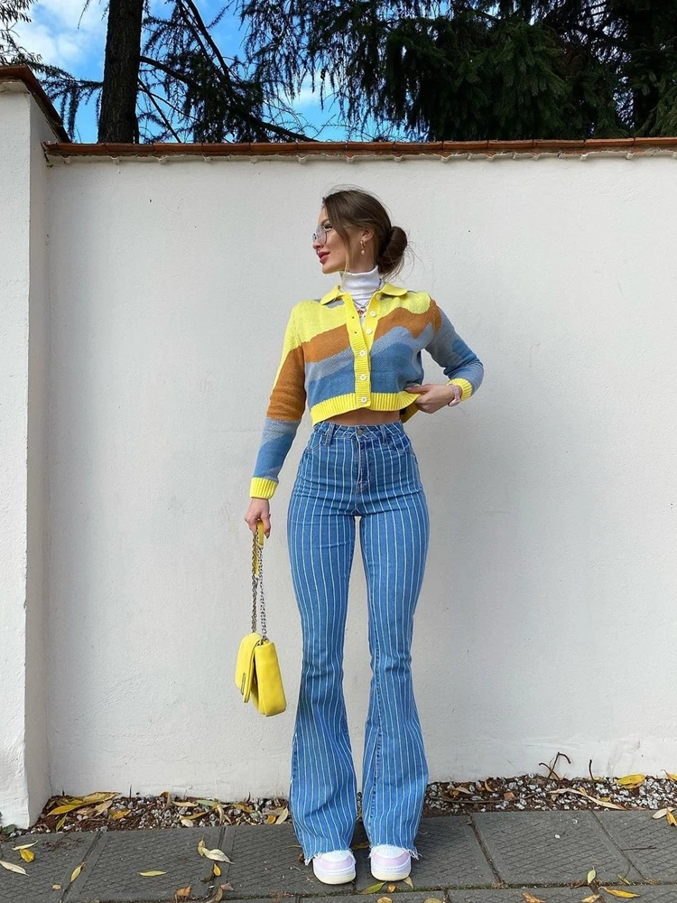 

Women's Clothing Fashion 2022 Skinny Sexy Female Wide Leg Denim Trousers Casual Striped High Waist Flared Jeans Pants for Girls