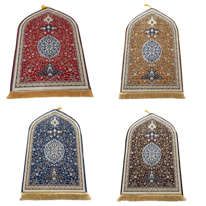 

Arch Shape Arabic Muslim Prayer Rug Thick Flannel Floral Print Islamic Praying Mat with Tassel Non-Slip Worship Carpet