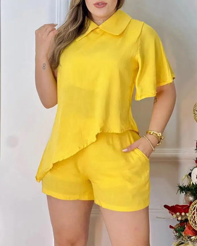 

Casual Two Piece Set Turn-Down Collar Solid Color Ladies Suit Short Sleeve Asymmetrical Top & Shorts Set Outfits for Going Out