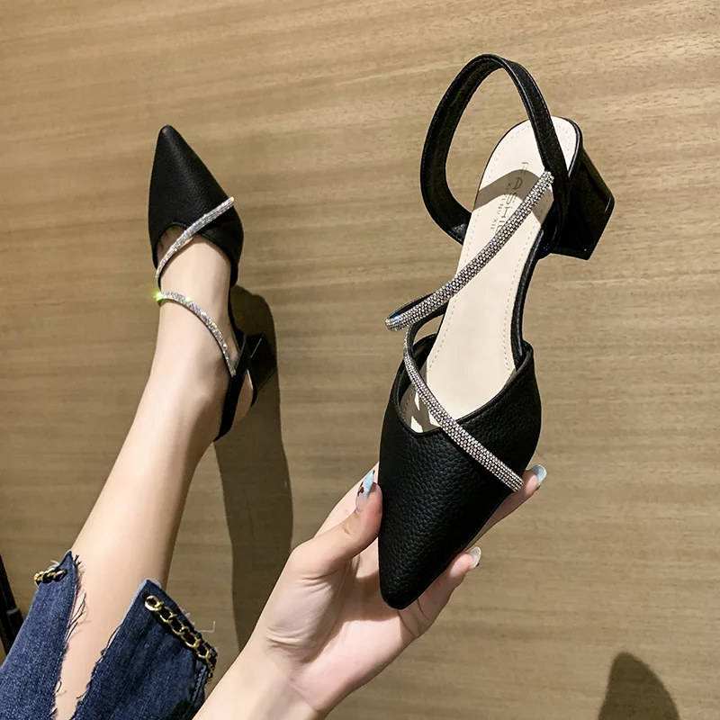 

Retro women sandals summer pointed toe wear Rhinestone Square heel thick Heels Sandals pearl bow sweet princess shoes size 40