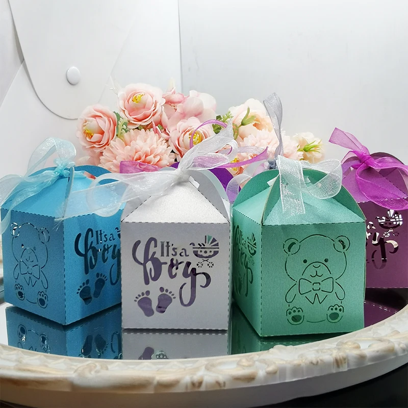 

50pcs Laser Cut Cute Bear Candy Gift Box Cute Paper Bags with Ribbon Packaging for Birthday Baby Shower Party Supplies Favors