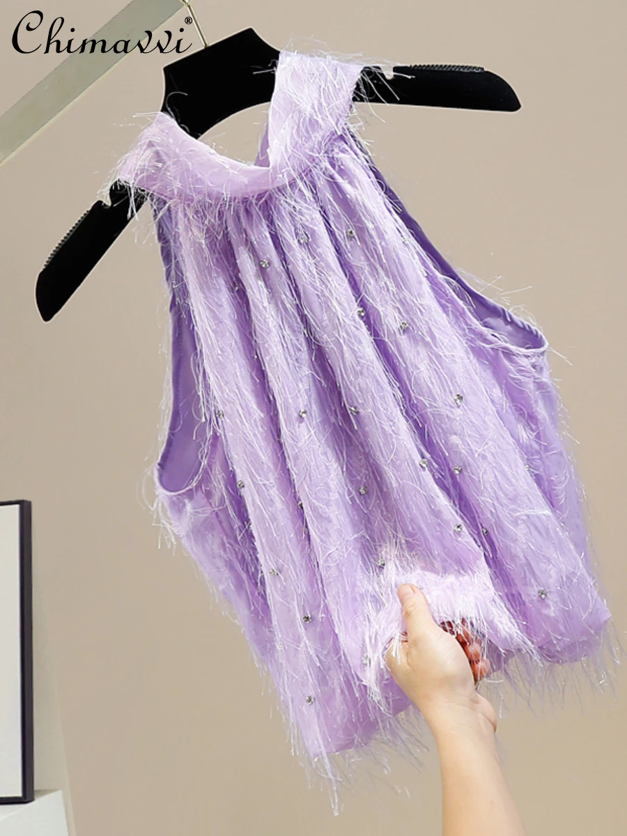

Exquisite Rhinestone Halter Strap Bow Sleeveless Short Tassel Vest Top Women's 2022 Fashion Elegant Solid Loose Pullover Tanks