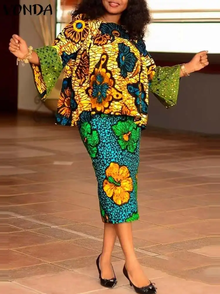 Осенний богемный Женский костюм с длинным Расклешенным рукавом и цветочным