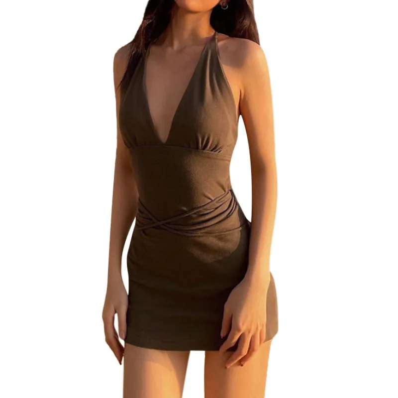 Женское облегающее платье с открытой спиной Однотонная юбка болотного цвета