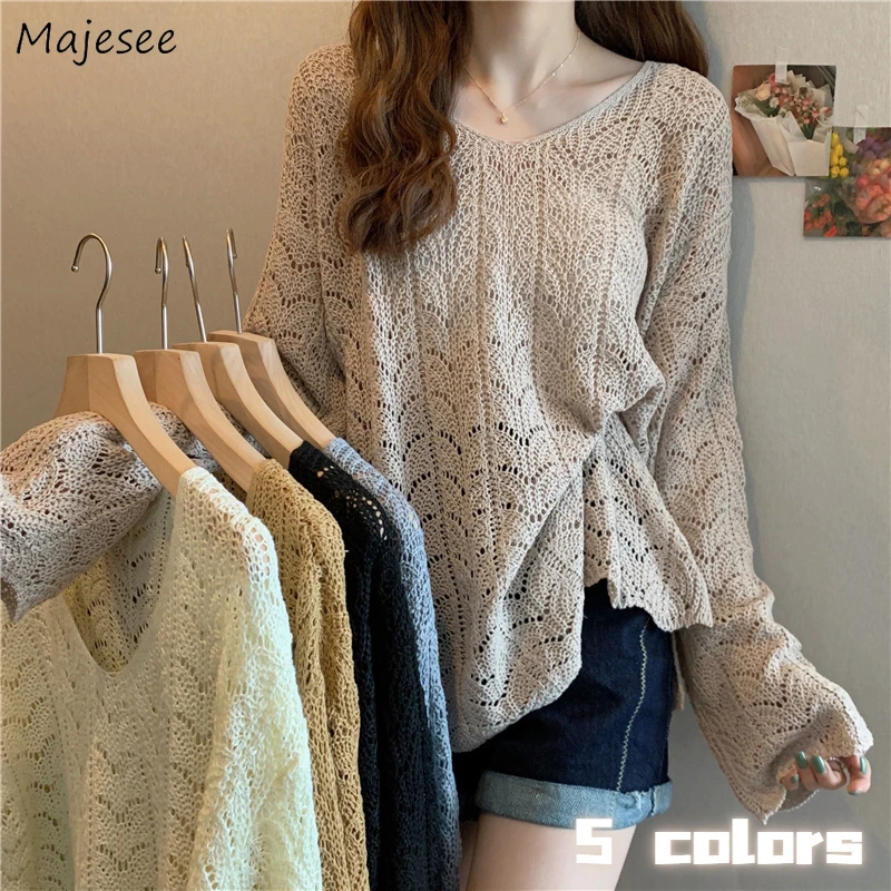Thin Knitted Pullovers Women Loose Long Sleeve Fashion Sun Protection Laziness All-match Casual Streetwear Hollow Out Summer New