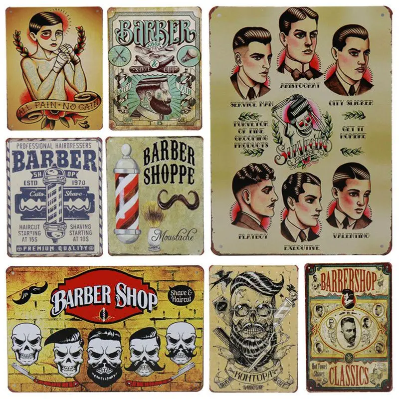 

Barbershop Tin Sign Vintage Metal Plaques Pin Up Signs Barber Tool Tattoo Store Craft Poster Haircut Shave Beard Plate Paintings