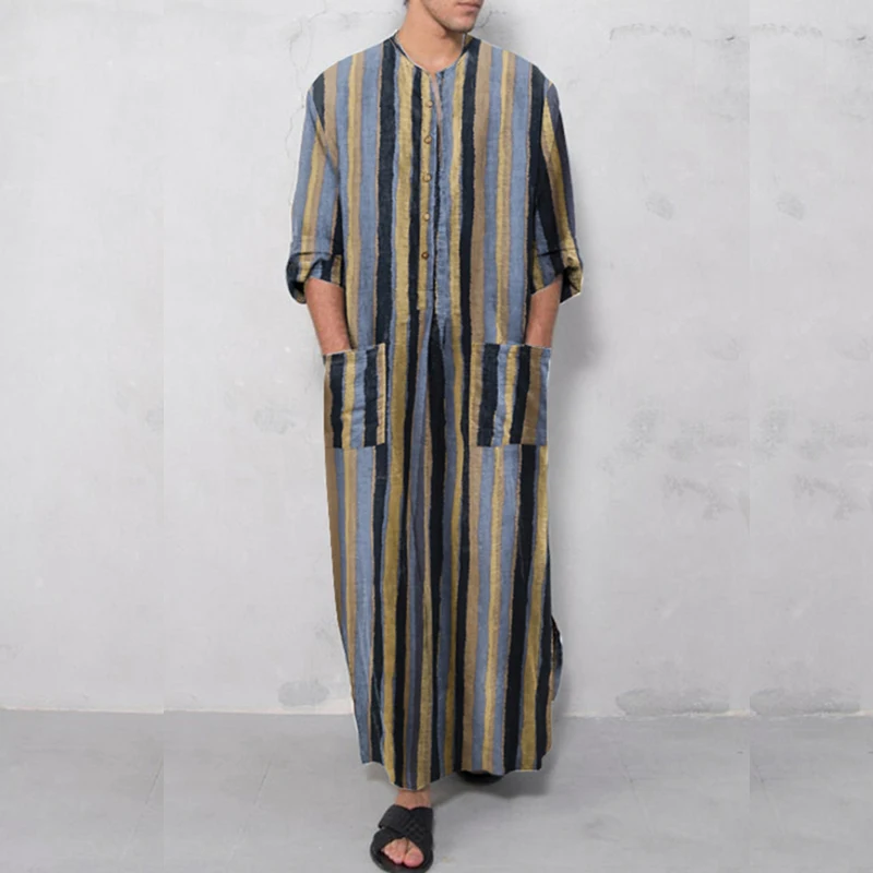 Men's Muslim Abaya Long Sleeve Arabian Striped Printed Muslim Robe Breathable Fashion 2022 Islamic Arabic Kaftan Jubba Thobe