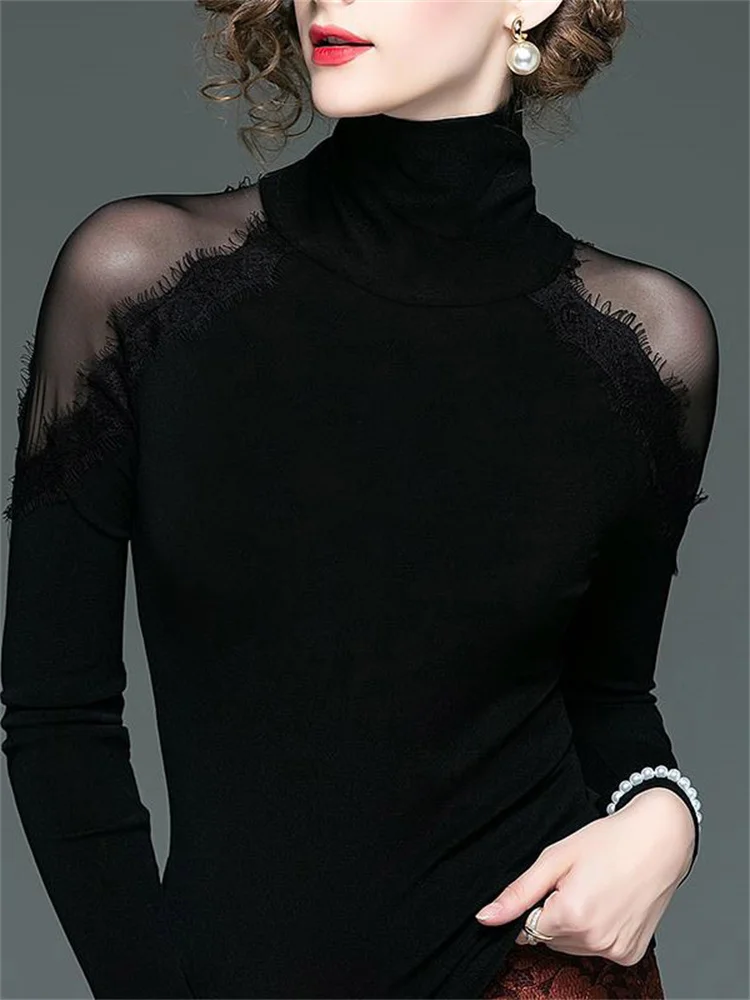

Women Spring Autumn Style Lace Blouses Shirts Lady Casual Turtleneck Off Shoulder Lace Blusas Tops