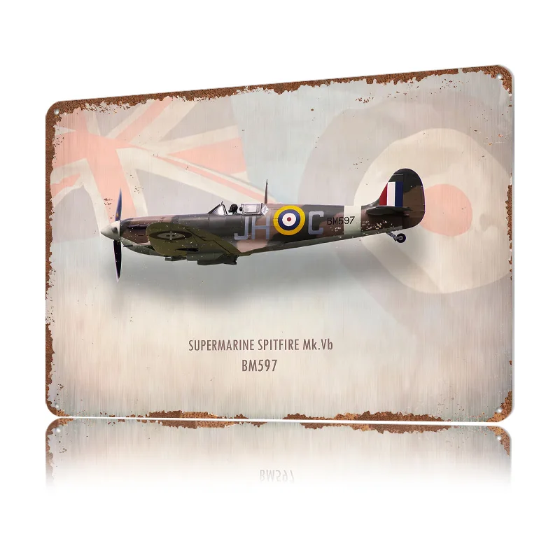 Фото Металлический 3D-постер Supermarine Spitfire Mk Vb BM597 с индивидуальным текстовым дизайном, винтажная жестяная табличка для декора спальни и комнаты №3