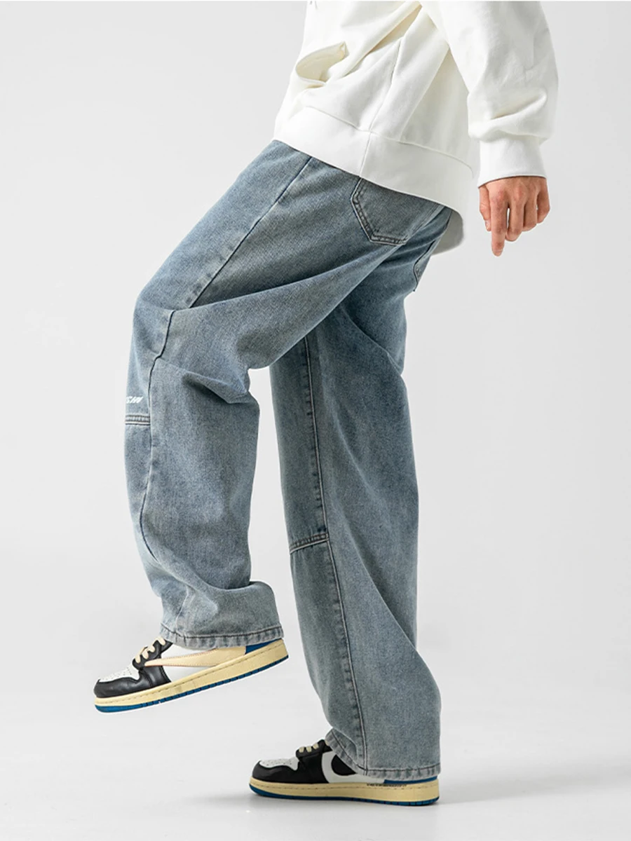 European and American High Street Men's Straight Loose Jeans New Stitching Trend Washed Retro Long Pants Streetwear Ins Hot Sale