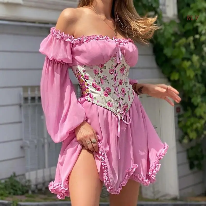

Off Shoulder Chiffon Long-Sleeved Shirt High Waist Ruffled Skirt Sweet Dress Floral Suit Female Ruffle Sexy Bustier Set