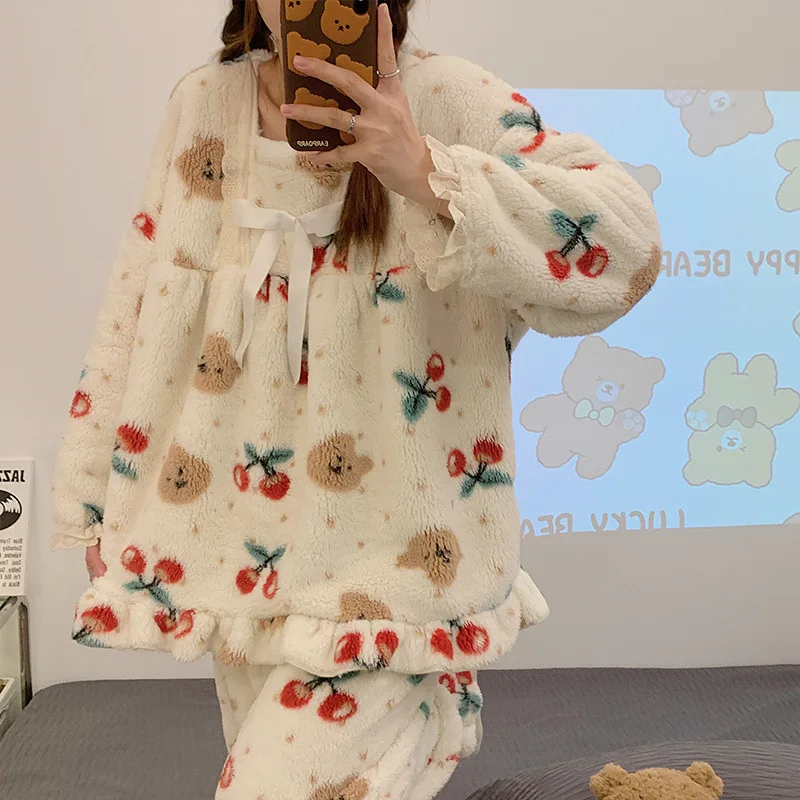 Yasuk Autumn Winter Fashion Women's Casual Lovely Print Cherry Bear Lace Warm Soft Sleepwear Pajamas With Pants Flannel Pullover