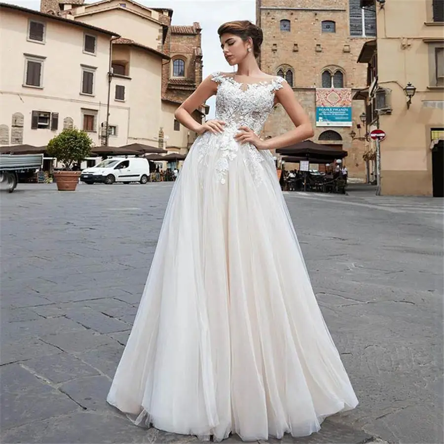 

Scoop Neck Lace Appliques A-Line Wedding Dresses Tulle Princess Bridal Gowns Buttons Back Formal Long Robe De Marriage