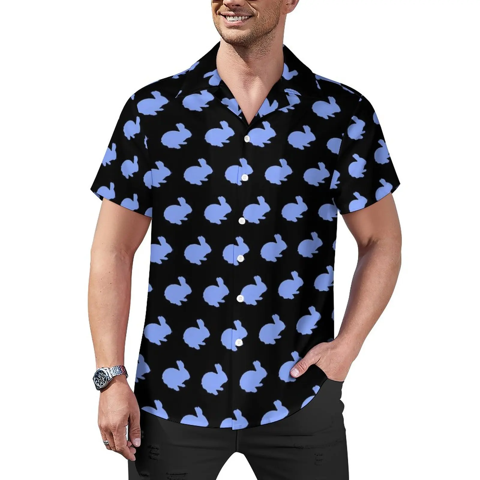 

Bunny Rabbit Casual Shirts Blue Polka Dot Beach Shirt Hawaiian Funny Blouses Men Printed Big Size