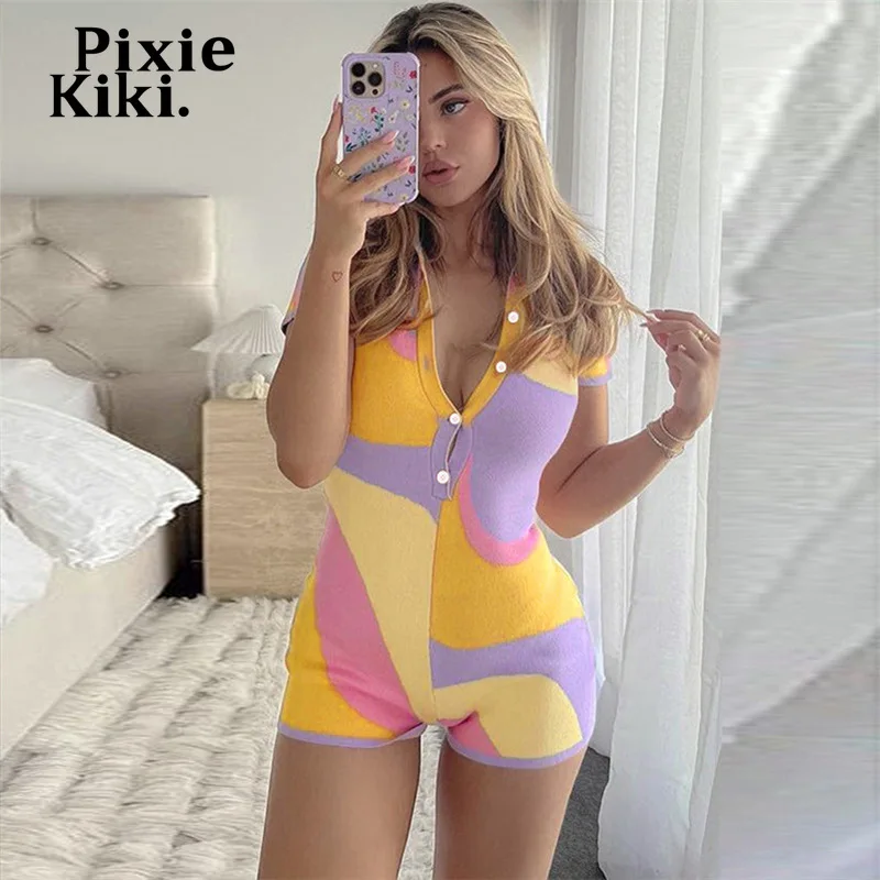 

PixieKiki Colorful Knitted Button Up V Neck Short Jumpsuit Women 2022 Summer Sport One Piece Rompers Y2k Streetwear P84-DG31
