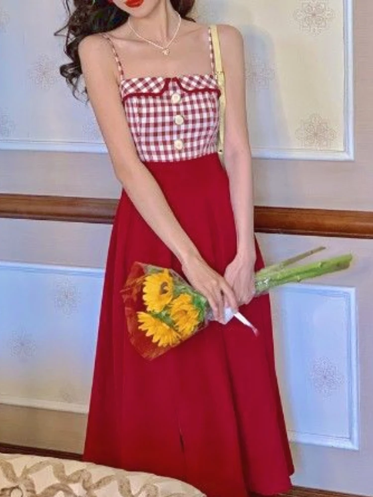 

Женское винтажное платье на бретельках, Повседневное платье средней длины в стиле ретро, с пэчворком, в Корейском стиле, для вечеринок, лето ...