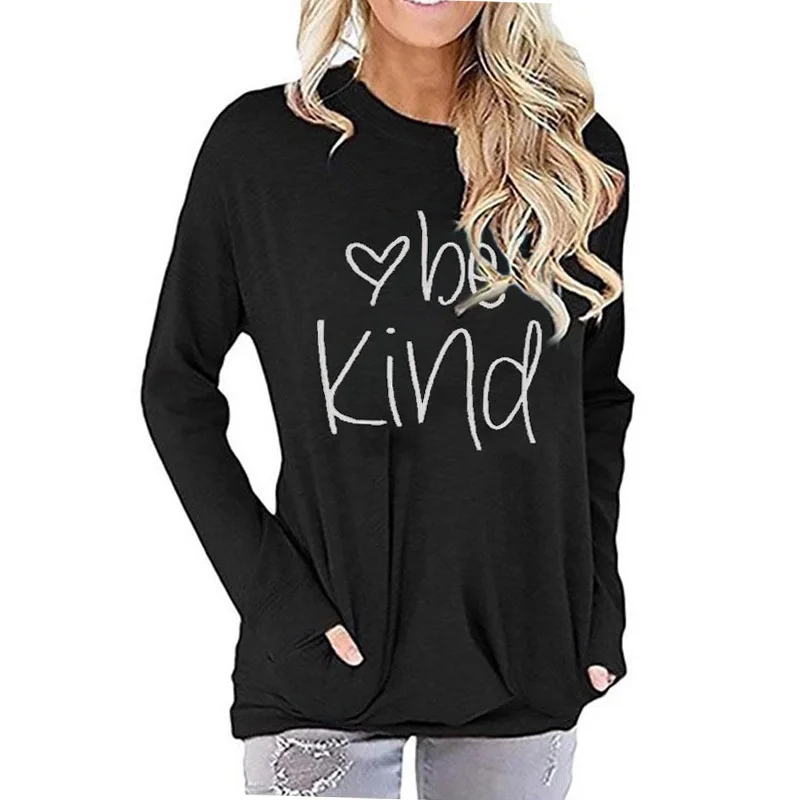 

Long Sleeve Basic Shirts Casual Women Sunflower Letter Tshirt Tops BLACK