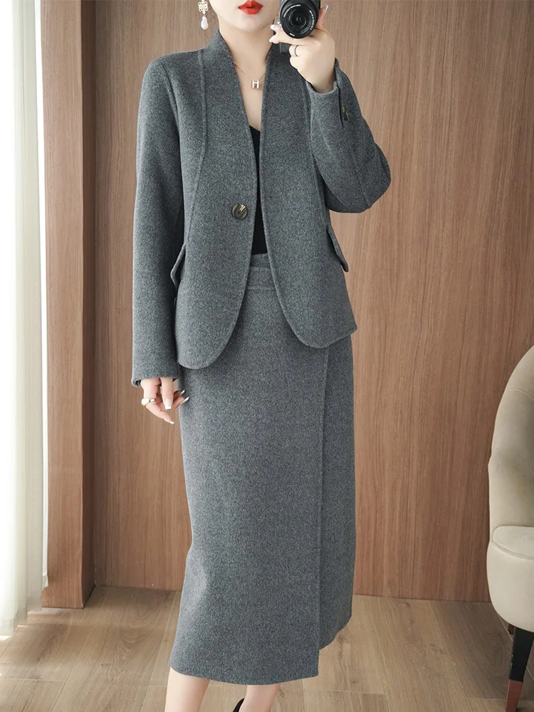 Темпераментная шерстяная верхняя одежда женский костюм осень 2024 двустороннее