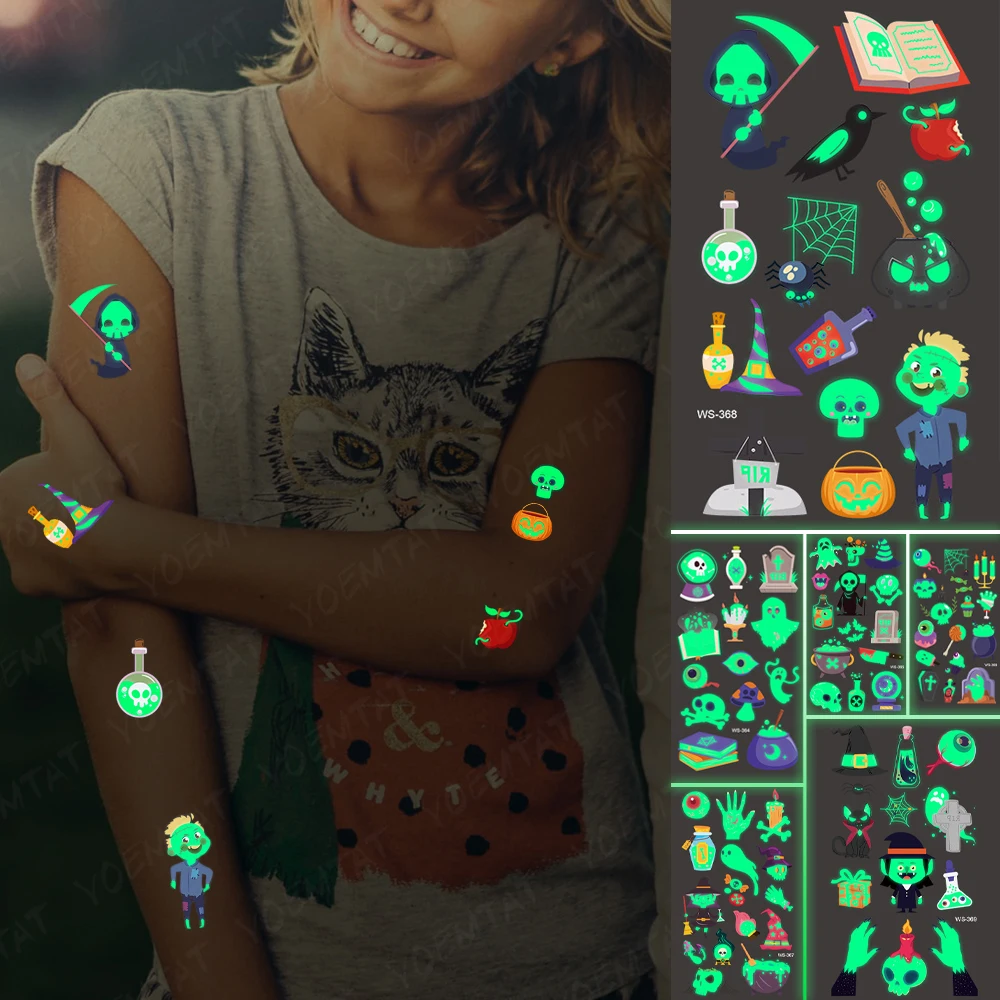 

Halloween Temporary Tattoo Stickers Waterproof Demon Sickle Horror Boy Skull Glowing Luminous Tatoo Child Halloween Party Decor