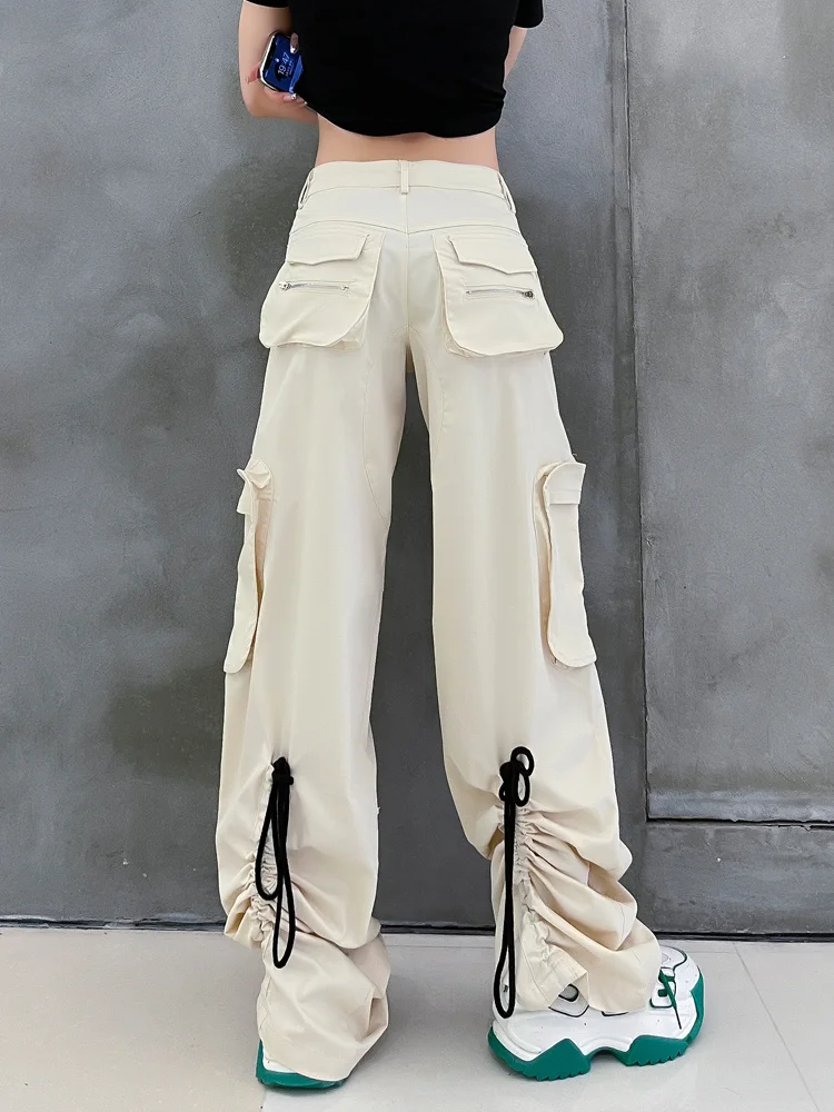 High Waist Apricot Big Pocket Drawstring Long Cargo Trousers New Loose Pants Women Fashion Spring Autumn 2022  M714