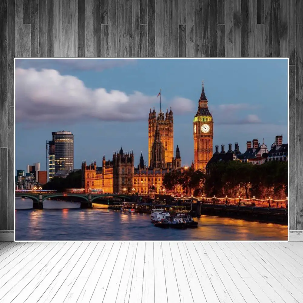 

Night Big Ben Photography Backgrounds Landmark London Bridge Trees Boat Lights Scenic Spots Backdrop Photographic Portrait Props