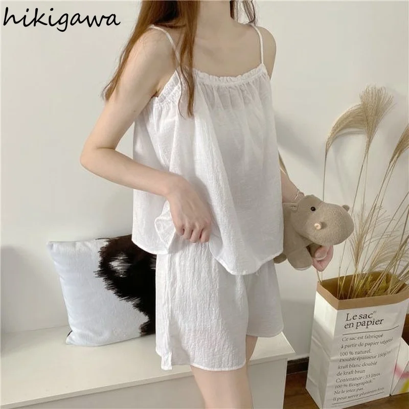 Hikigawa Pijamas De Mujer Summer 2 Piece Set Sleeveless Solid Color Thin Sleepwear Women Cute Sweet Fashion Conjuntos Pijama |