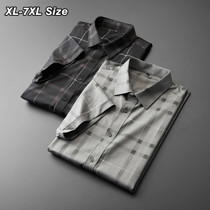 

Plus Size Men's Short Sleeve Shirt 2022 Summer New Luxury Classic Plaid Business Casual Dress Loose Brand Clothes 5XL 6XL 7XL