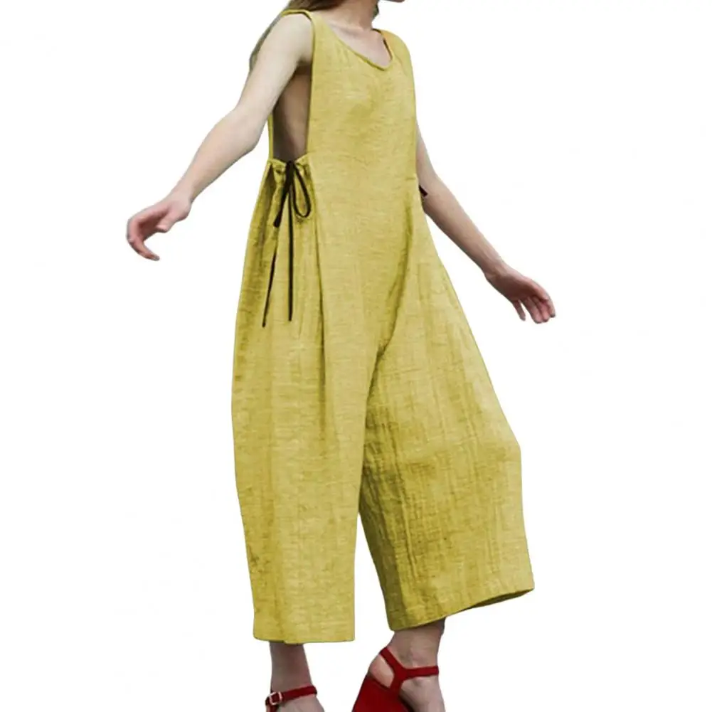 

Summer Women Jumpsuit 2023 O-neck Wide Leg Solid Color Lace Up Loose Sleeveless Casual Jumpsuit Female Clothes Beach Romper