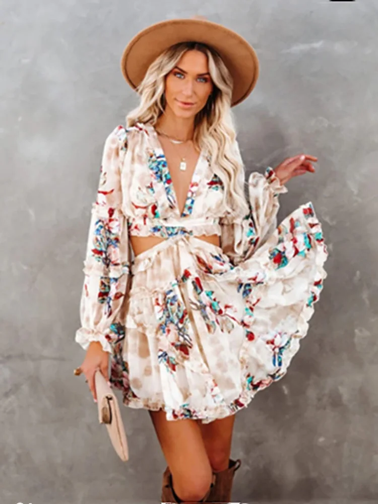 Fitshinling Backless Lace Up Chiffon Dress Ruffles Lantern Sleeve Cut Out Pareos Print Floral Sexy Deep V Neck Robe Slim Dresses |