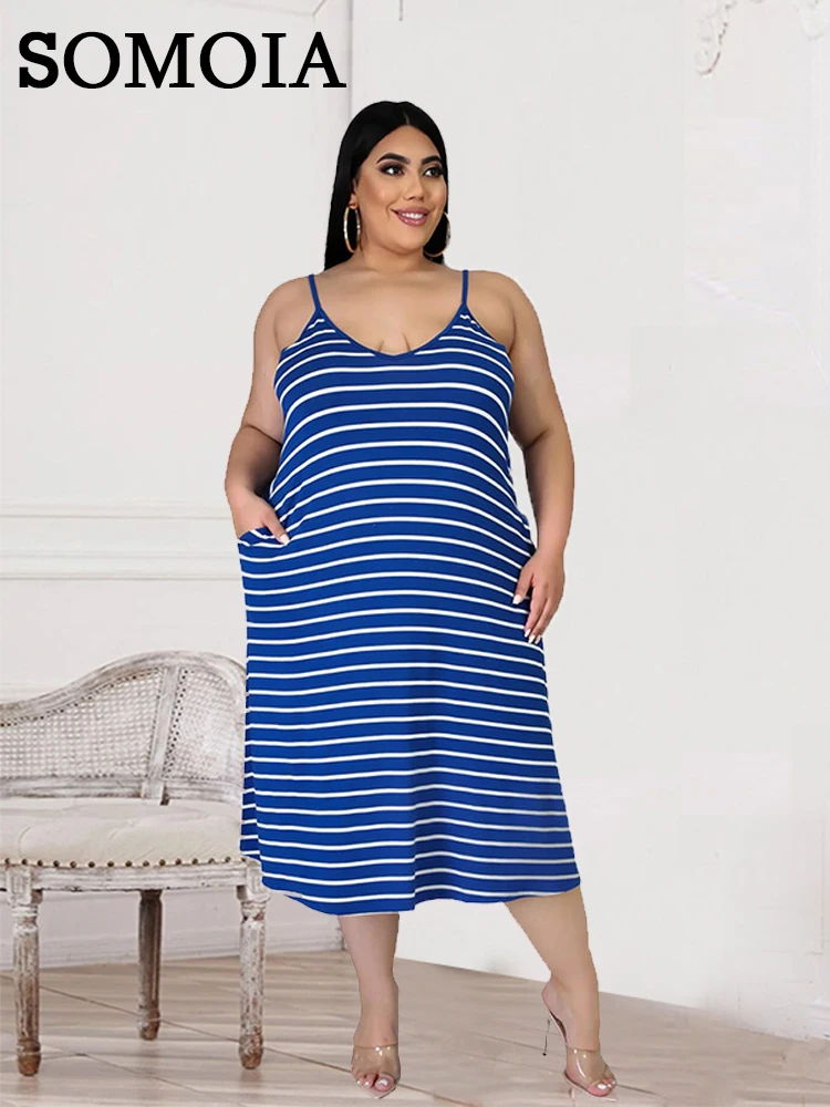 

Home Style Plus Size Women's Dress Long Fashionable Casual Sexy Striped Printing Suspender V Neck Loose Mid Waist Wholesale