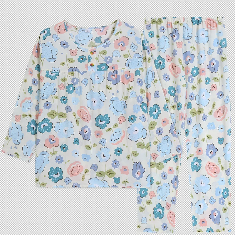 Cotton Silk Long-sleeved Printed Pajamas Women's Home Service Summer Long-sleeved Cotton Suit Sleepwear Women