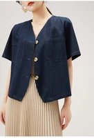 cotton denim jacket women summer 2022 high quality designer short sleeve casual solid single breasted wide waisted