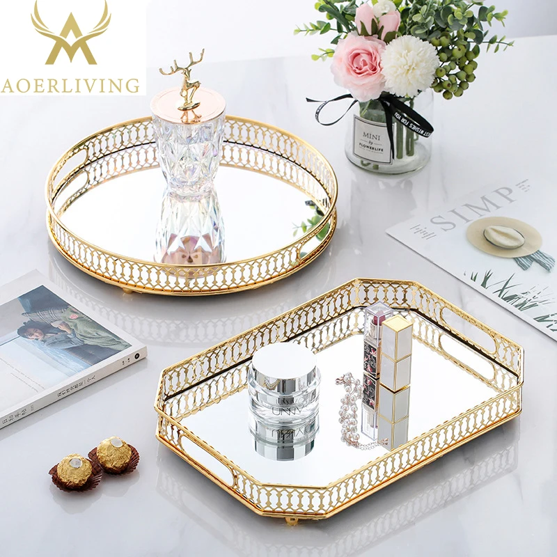 

Metal Decorative Tray Makeup Organizer Box Jewelry Display Home Decorative Mirror Tray Fruit Snack Candy Dish Tea Table Storage