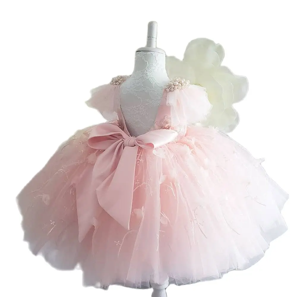 

Cute Puffy Pink Ball Gown Girl Pageant Dress Pearls Beading Flower Girl Dresses Tulle Satin Bow First Communion Dress New Year