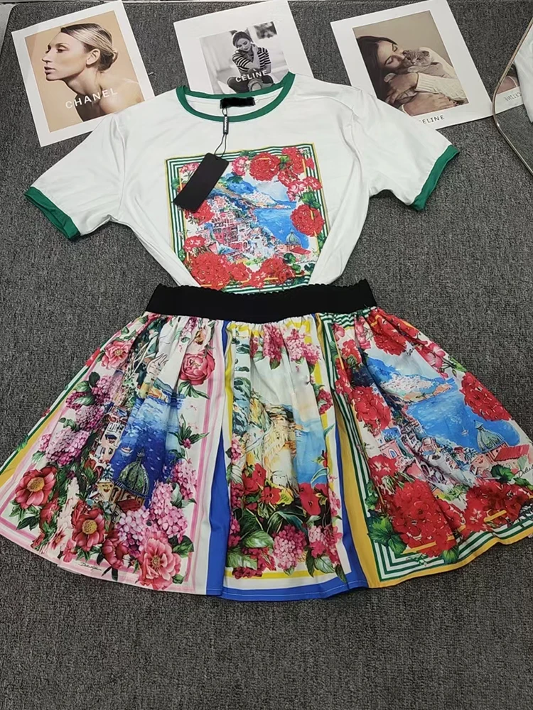 Женский вязаный комплект из двух предметов с винтажным принтом пейзажа