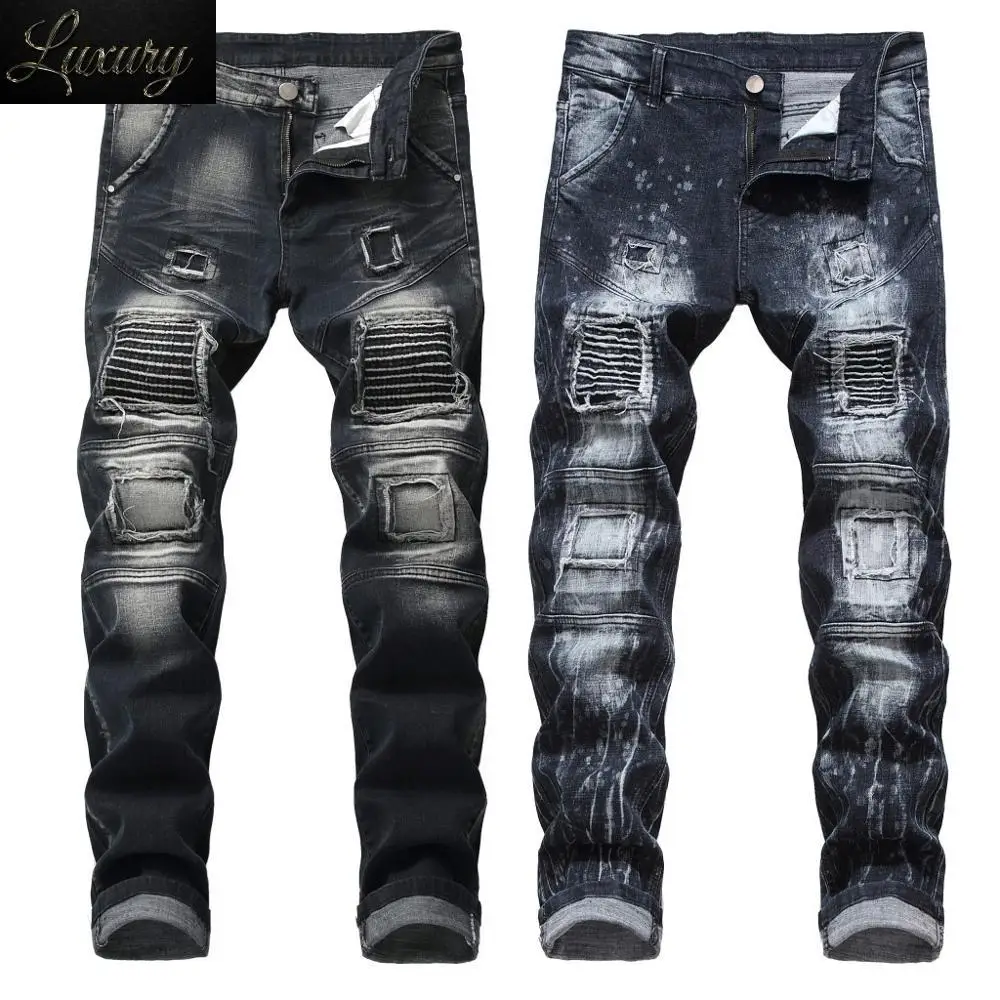 

Men New vintage Ripped Pleated Straight Biker Jeans Streetwear Knee holes Distressed Casual Cotton Cargo Denim trousers size 42