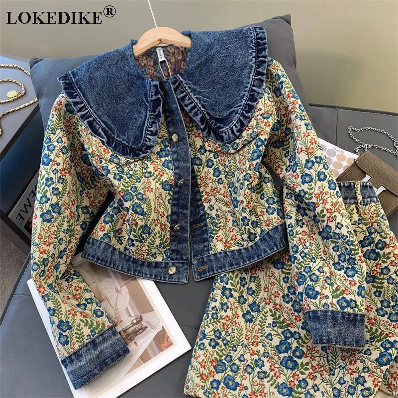 

Floral Chic Women Two-Piece Sets Peter Pan Collar Patchwork Denim Jackets+Skirts 2022 New Autumn Female Jean Outfit Suits