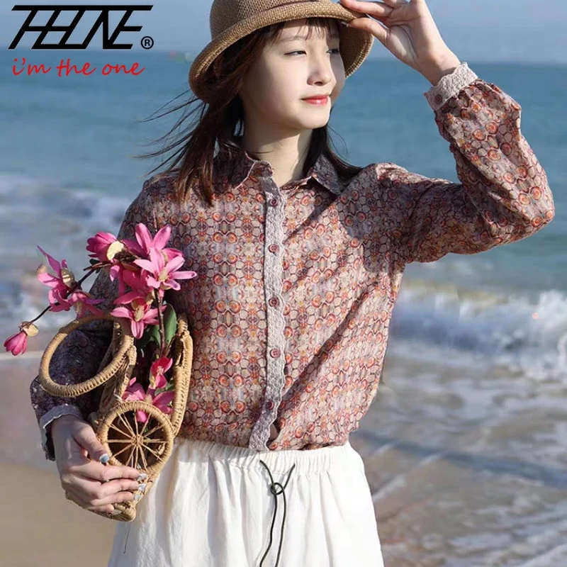 

Plus Size Oversized Blouses Korean Style Top Shirts Shirt New Print Floral Vintage Casual Long Sleeve Shirt Blusas