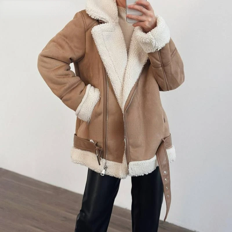 2023 Winter Women Fashion Vintage Suede Thick Faux Leather Coat Female Casual Warm Lamb Wool Biker Outwear Female