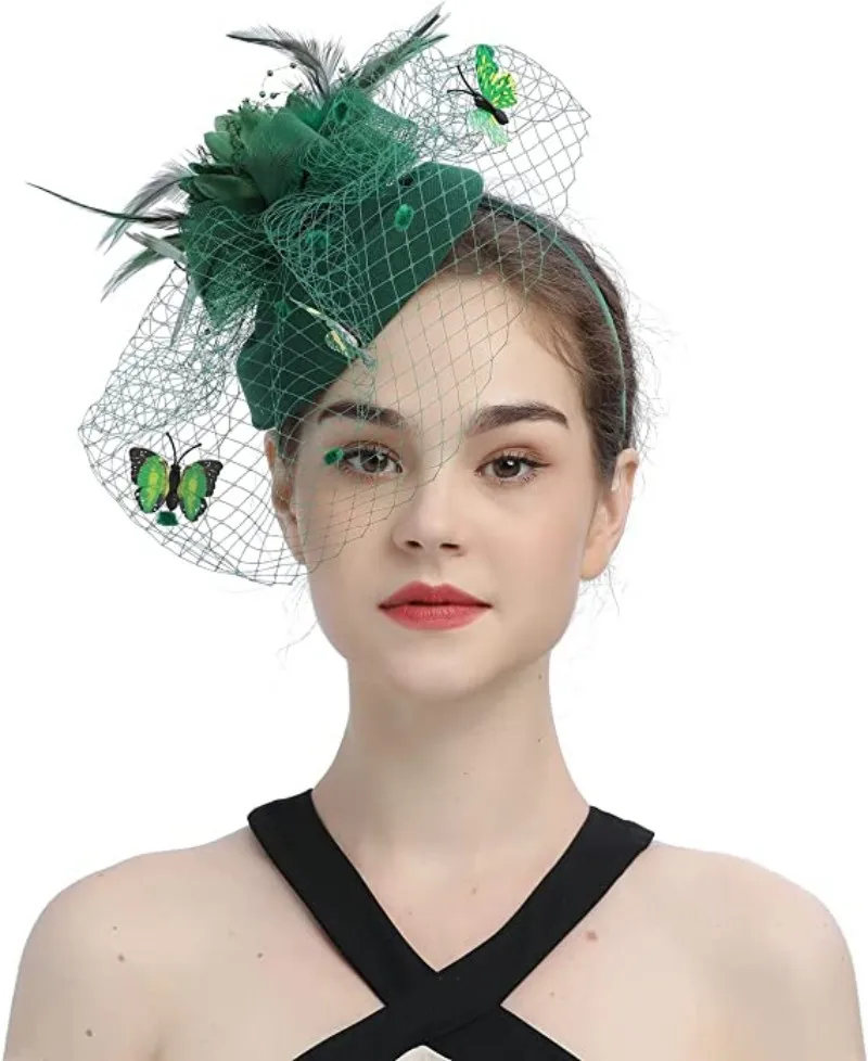 

Green Fascinator Hats for Women Pillbox Hat Kentucky Derby Fascinators Flower Batterfly Veil Tea Party Wedding Party Hat